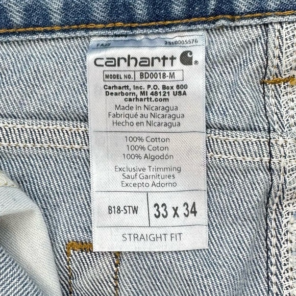 Carhartt pants mens 33 100% cotton straight fit denim jeans blue - Picture 3 of 3